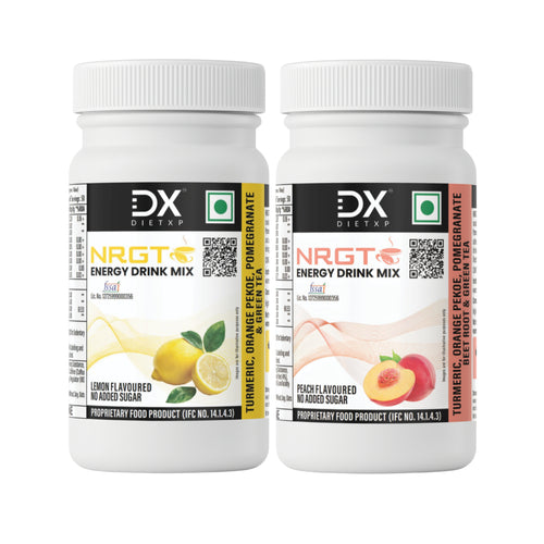DietXP NRGT Energy Drink Mix Combo | Peach & Lemon Flavours | 40mg Caffeine | No Added Sugar | 100 Servings
