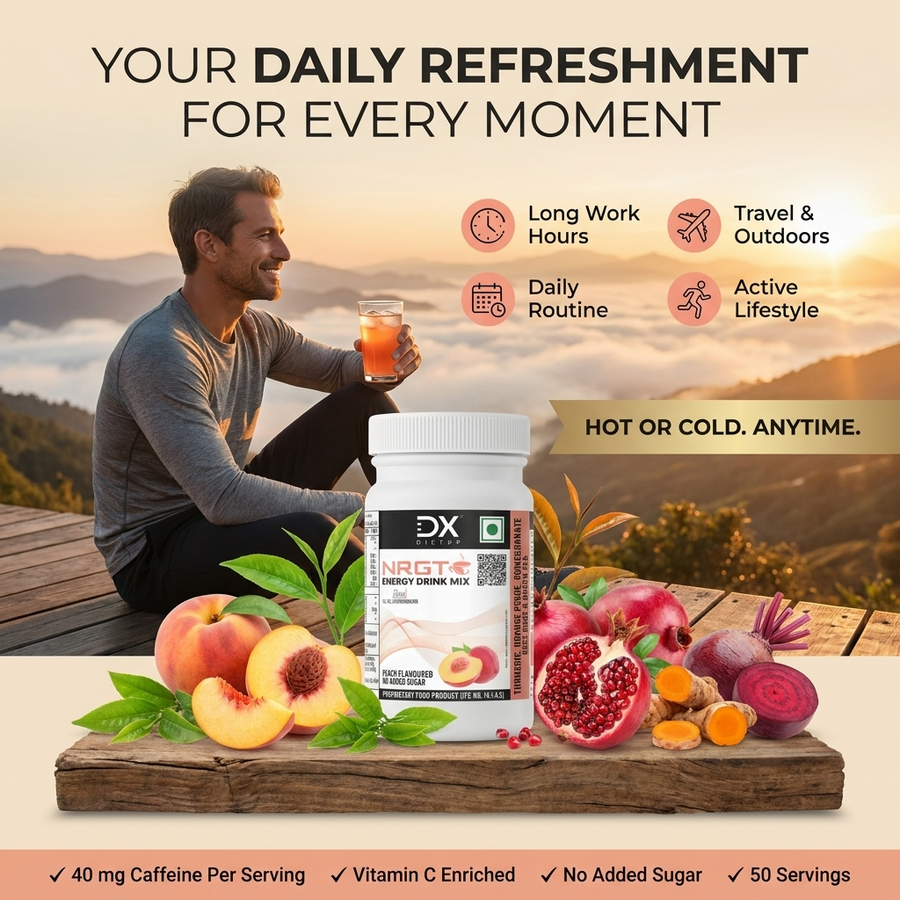DietXp NRGT energy drink mix with fruits and a man enjoying a drink in the background
