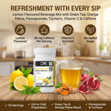 DietXp energy drink mix with lemon flavor, caffeine, vitamin C, and no added sugar on a kitchen counter.