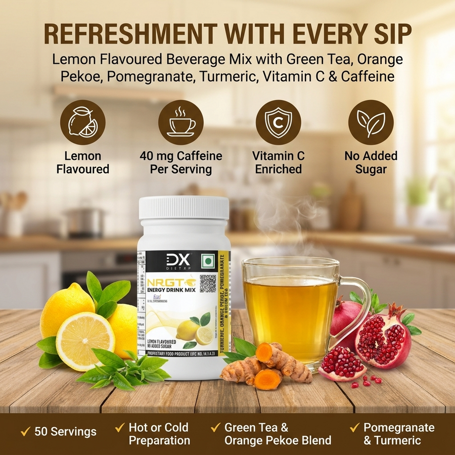 DietXp energy drink mix with lemon flavor, caffeine, vitamin C, and no added sugar on a kitchen counter.