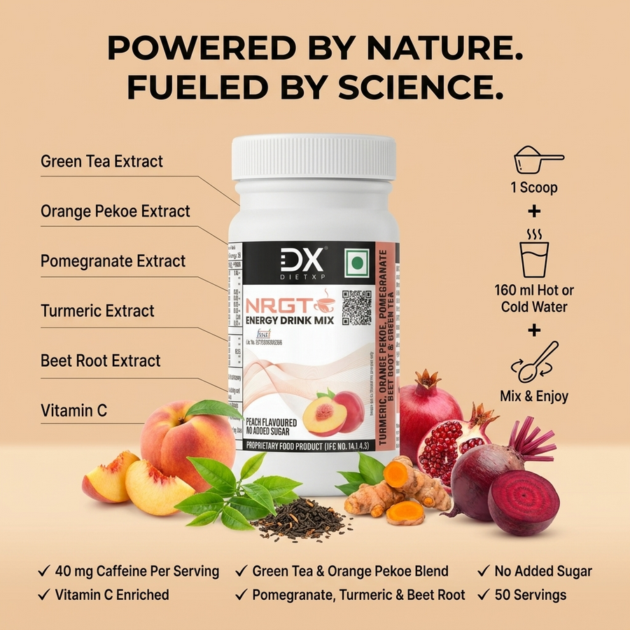 DietXp NRGT Energy Drink Mix bottle with ingredients and benefits on a beige background