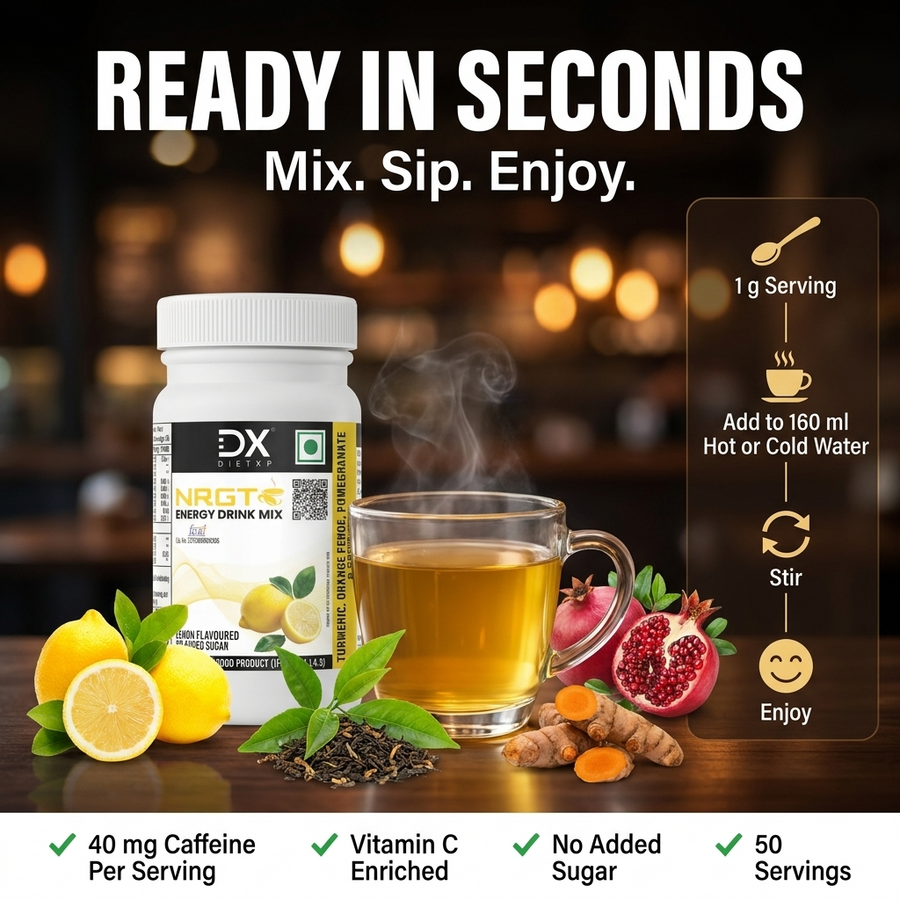 DietXP Energy Drink Mix packaging with a steaming cup of tea, lemons, and pomegranate on a wooden surface.