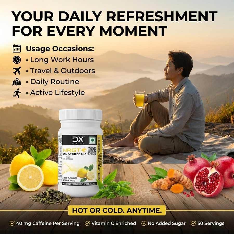 Man sitting by a mountain with a bottle of DietXp NRGT  energy drink mix, lemons, pomegranates, and herbs on a wooden table.