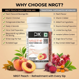 DietXp NRGT Peach Energy Drink Mix packaging with comparison to traditional caffeinated beverages on a beige background.