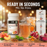 DietXp NRGT  Energy Drink Mix with ingredients and a glass of tea on a wooden surface.