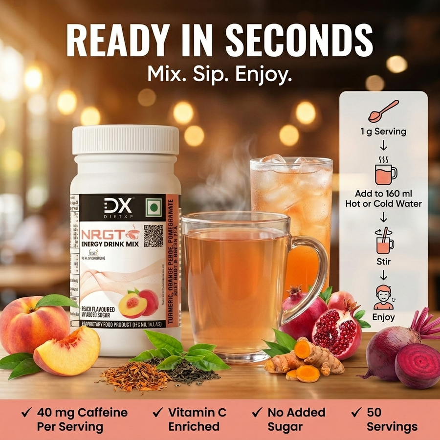 DietXp NRGT  Energy Drink Mix with ingredients and a glass of tea on a wooden surface.