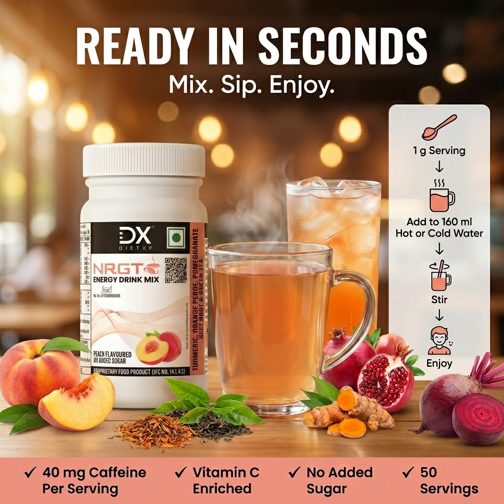 DietXP NRGT Peach Tea Energy Drink Mix | 40 mg Caffeine, 0 g Added Sugar | Pack of 2, 100 Servings