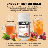 DietXp NRGT  Energy Drink Mix packaging with hot and iced tea, peaches, pomegranate, turmeric, and beetroot on a beige background.