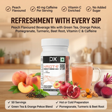 DietXp NRGT  Energy Drink Mix packaging with ingredients and a cup of tea on a wooden surface.