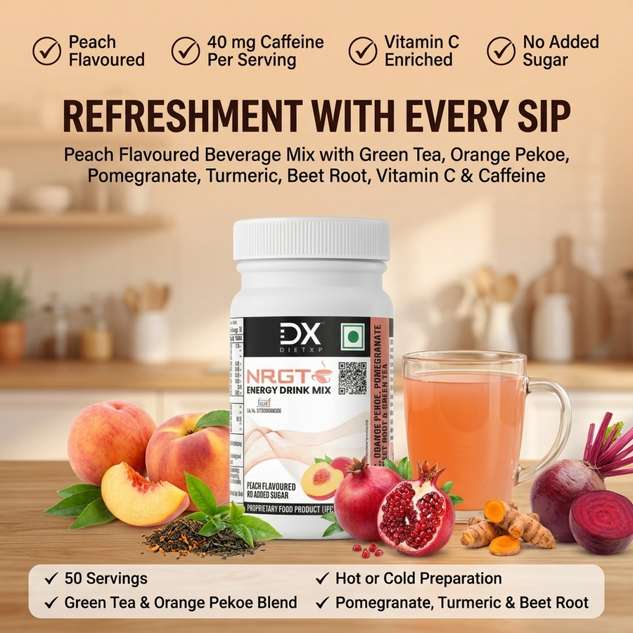 DietXp NRGT  Energy Drink Mix packaging with ingredients and a cup of tea on a wooden surface.