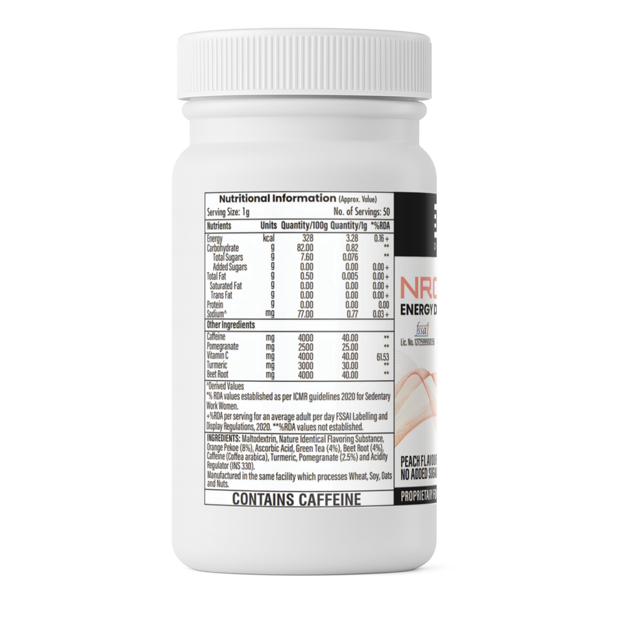 White supplement container with nutritional information label on a white background
