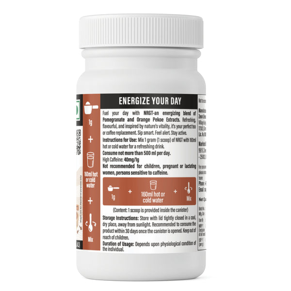 NRGT Masala Tea jar, label panel with description, instructions for use, caffeine advice and storage
