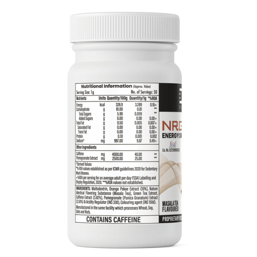 Nutritional label on a supplement bottle with visible branding