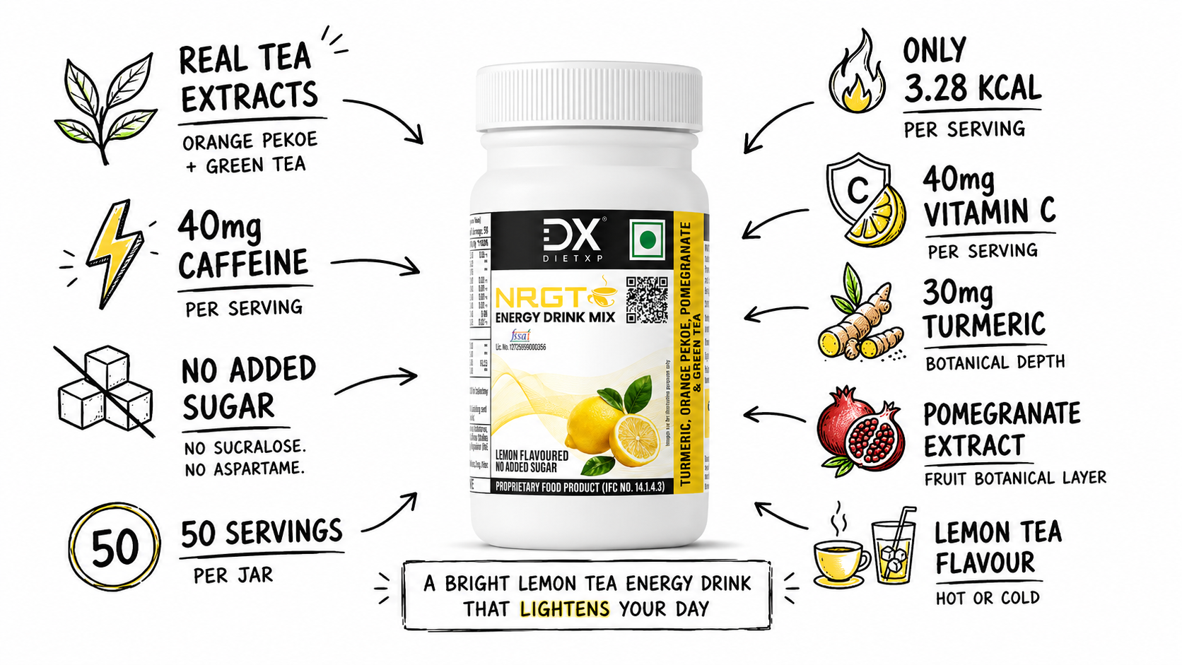 DietXP NRGT Lemon Tea Energy Drink Mix 50g | No Added Sugar, 40mg Caffeine Secondary image