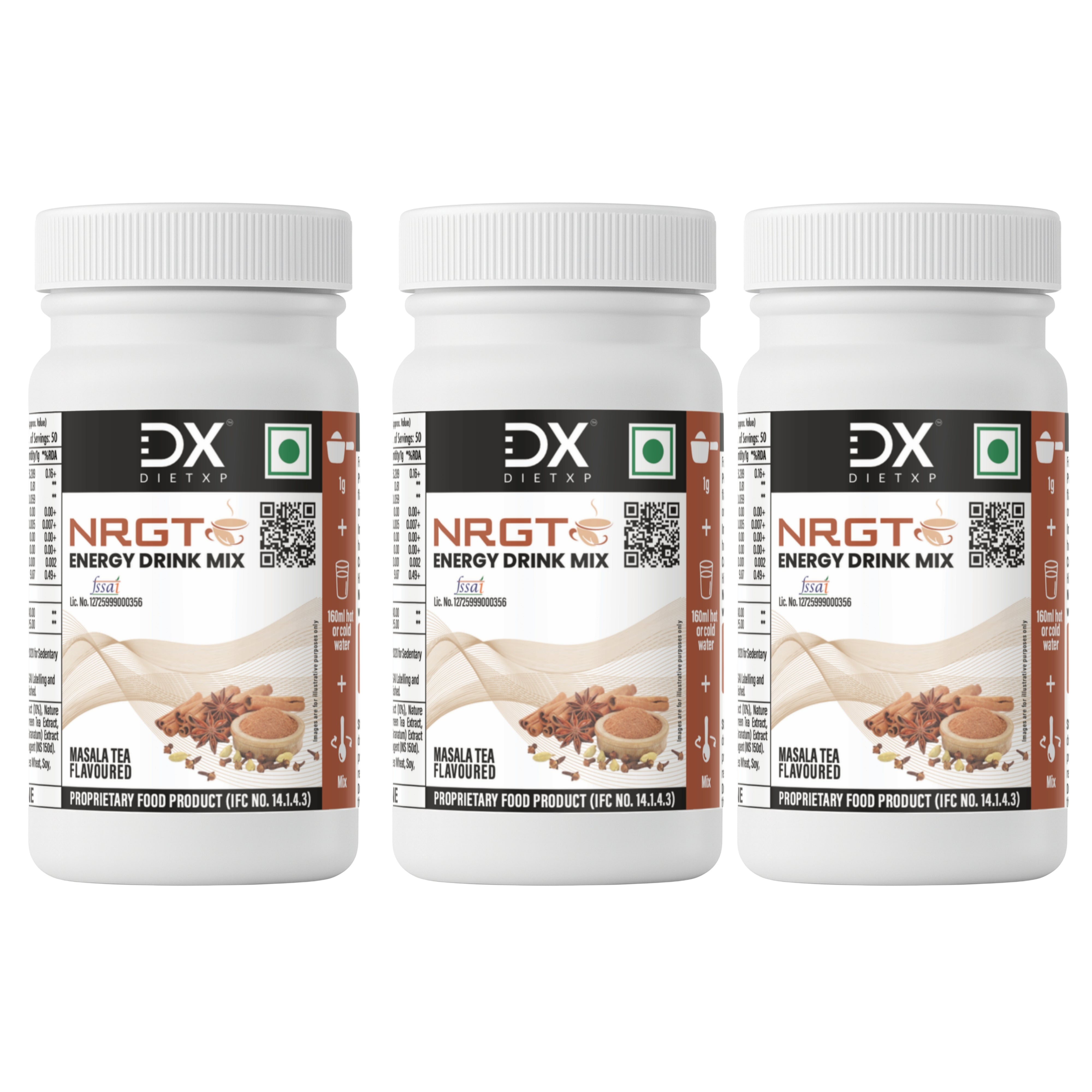 DietXP NRGT Energy Drink Mix - Masala Tea Flavoured (50g) | Pack of 3 (150 Servings) Main image