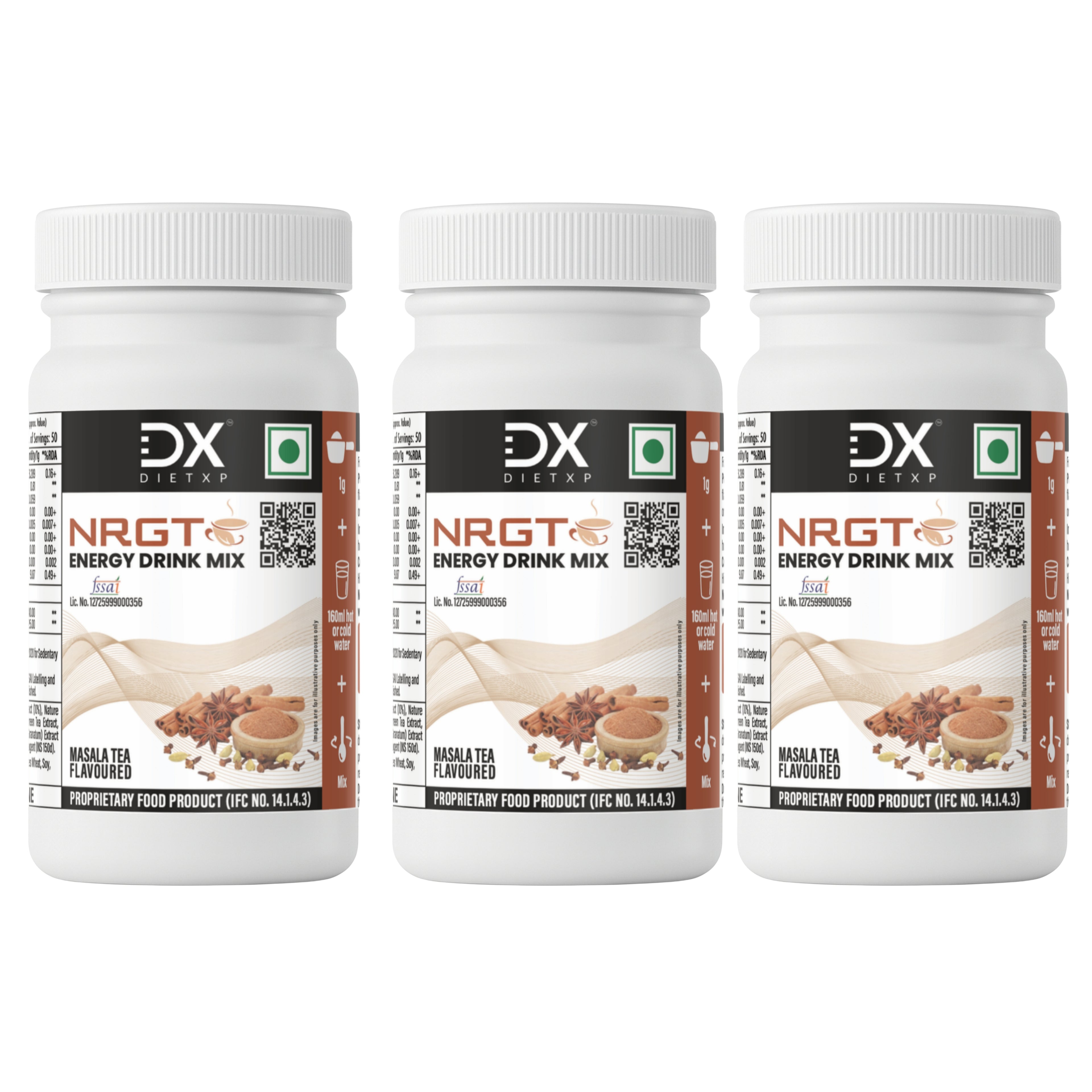 DietXP NRGT Energy Drink Mix - Masala Tea Flavoured (50g) | Pack of 3 (150 Servings)
