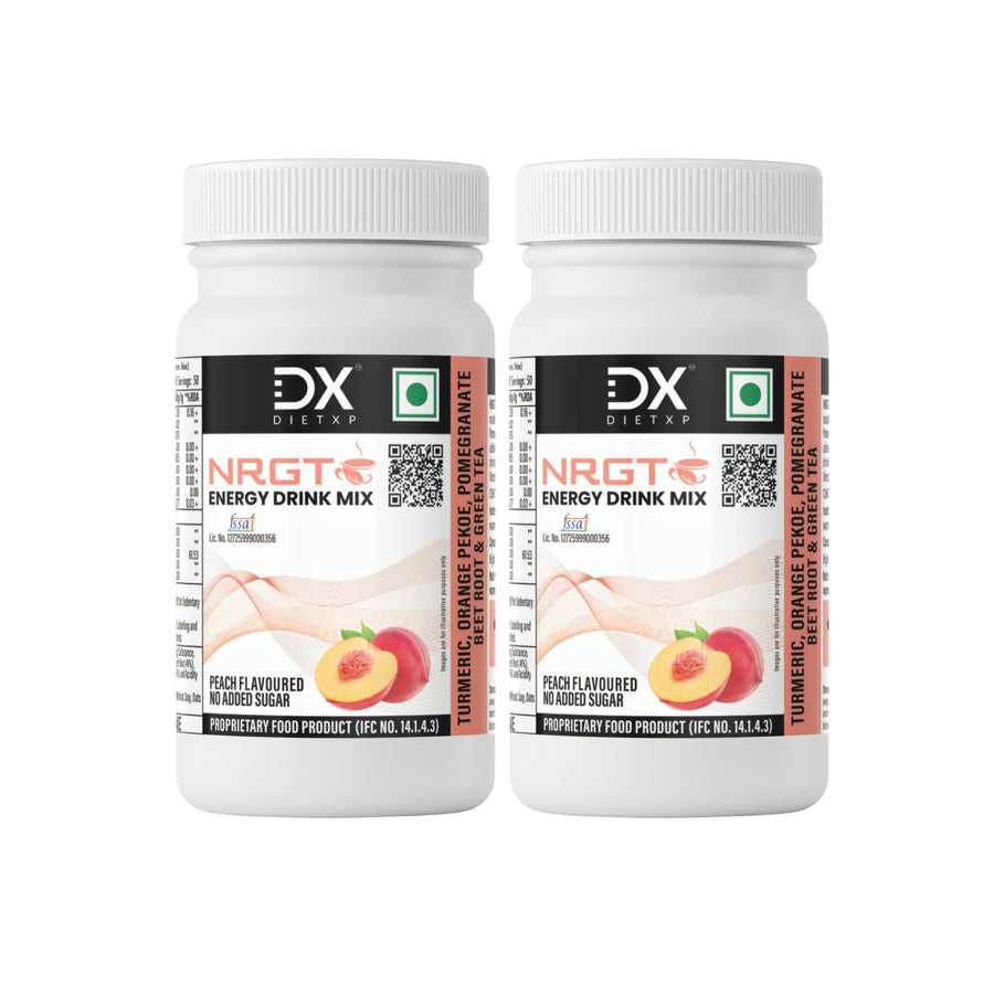 Two jars of DietXP NRGT Peach Energy Drink Mix, Pack of 2