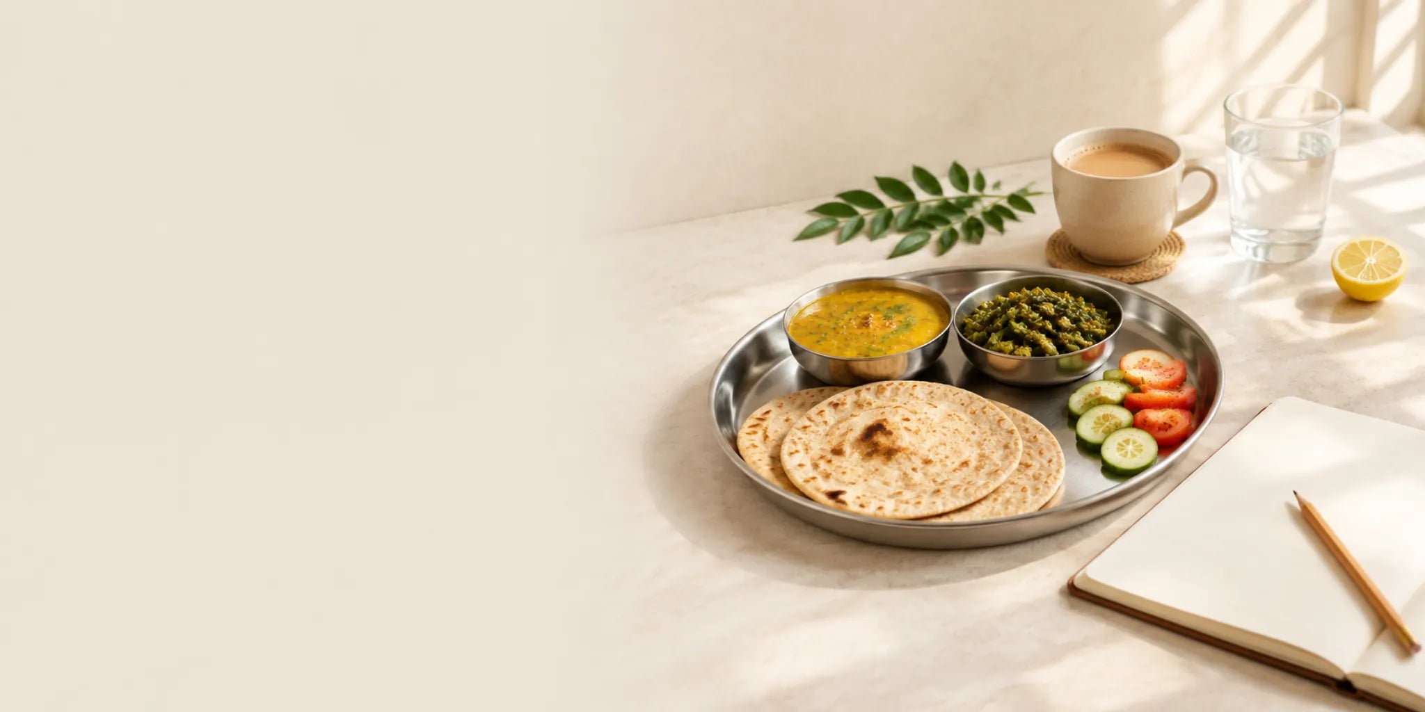 A thali with roti, dal, sabzi and salad, a cup of chai and a notebook on a light kitchen counter