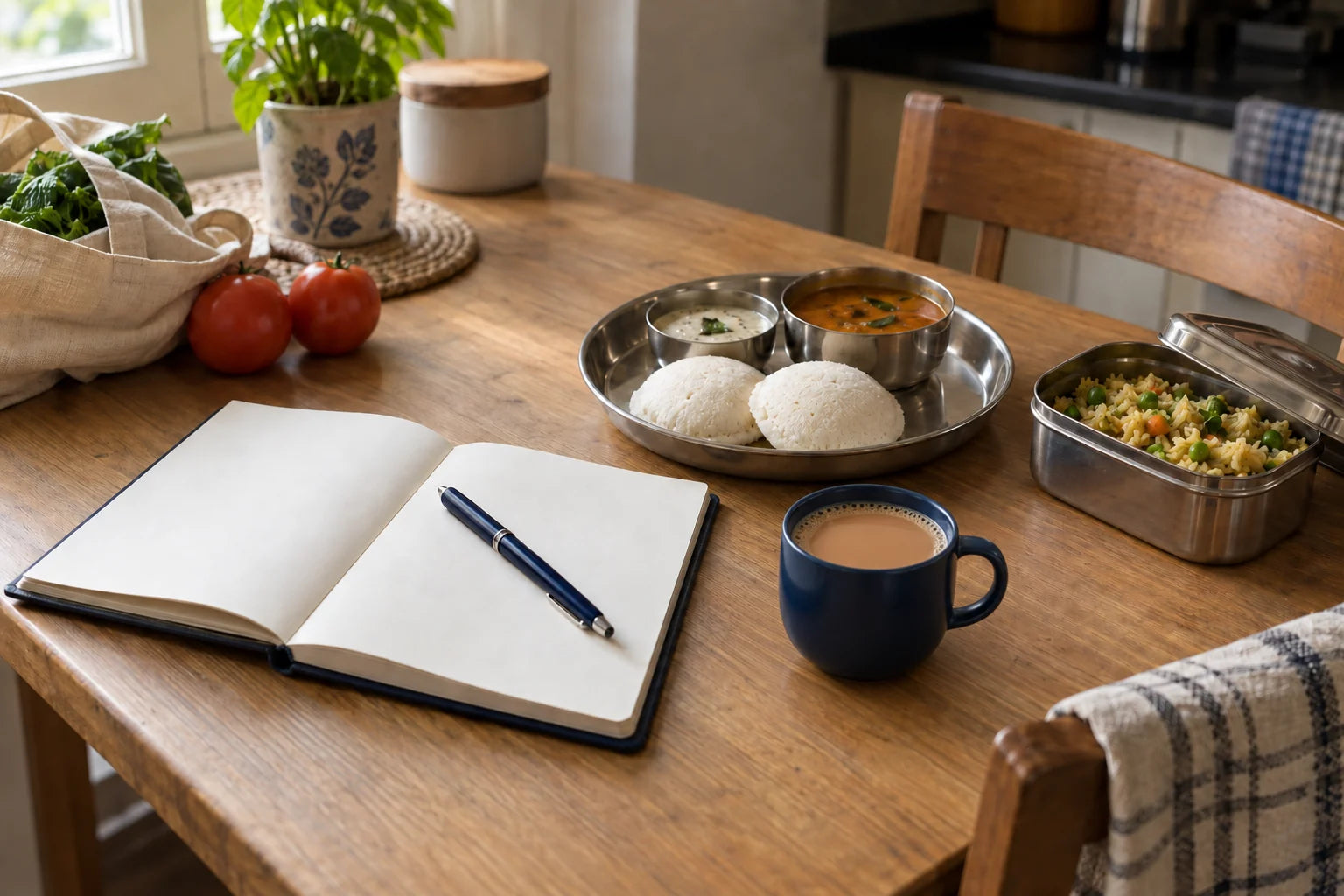 A notebook and cup of chai beside idli, chutney, sambar and a packed lunch on a kitchen table
