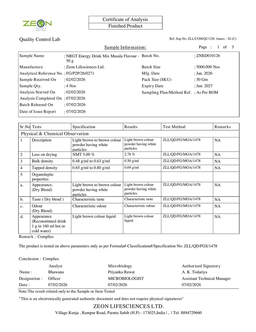 First page of Zeon Lifesciences' manufacturer certificate for NRGT Masala batch ZNED010126