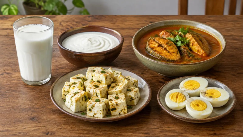 Milk, dahi, paneer, eggs and fish