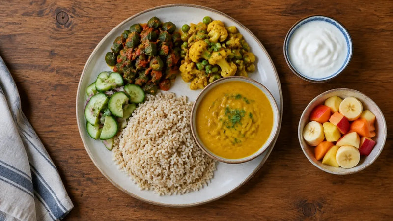 DASH-style Indian meal with vegetables, dal, whole grains, curd and fruit