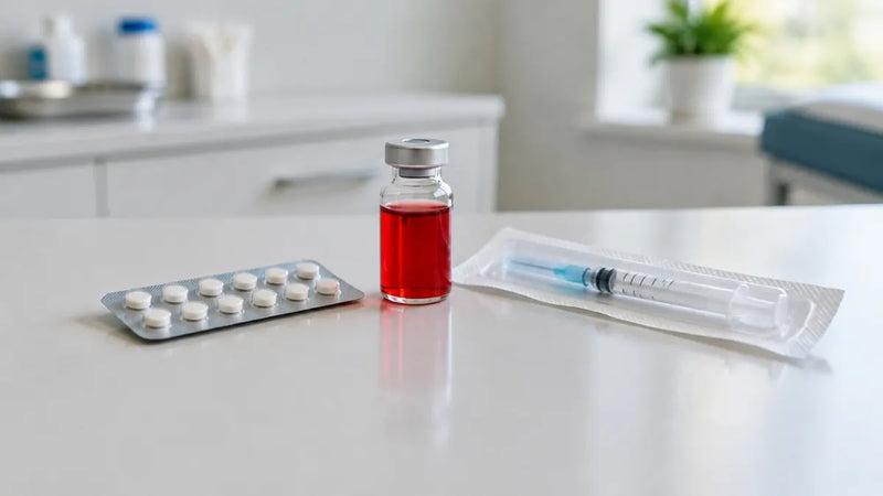 Vitamin B12 tablets and an injection vial