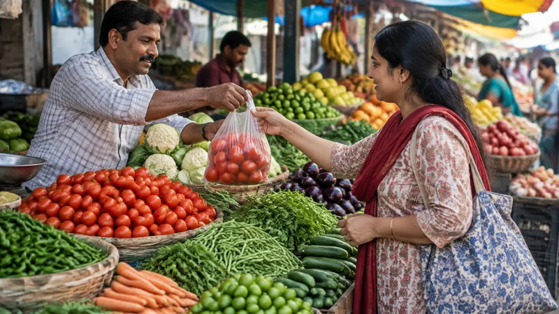 Buying fresh vegetables and fruit at a local market