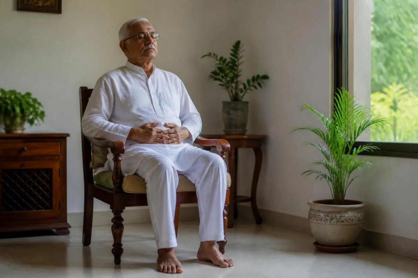An older Indian man in a white kurta sitting in a wooden armchair by a window at home, eyes closed, hands resting on his belly, breathing slowly
