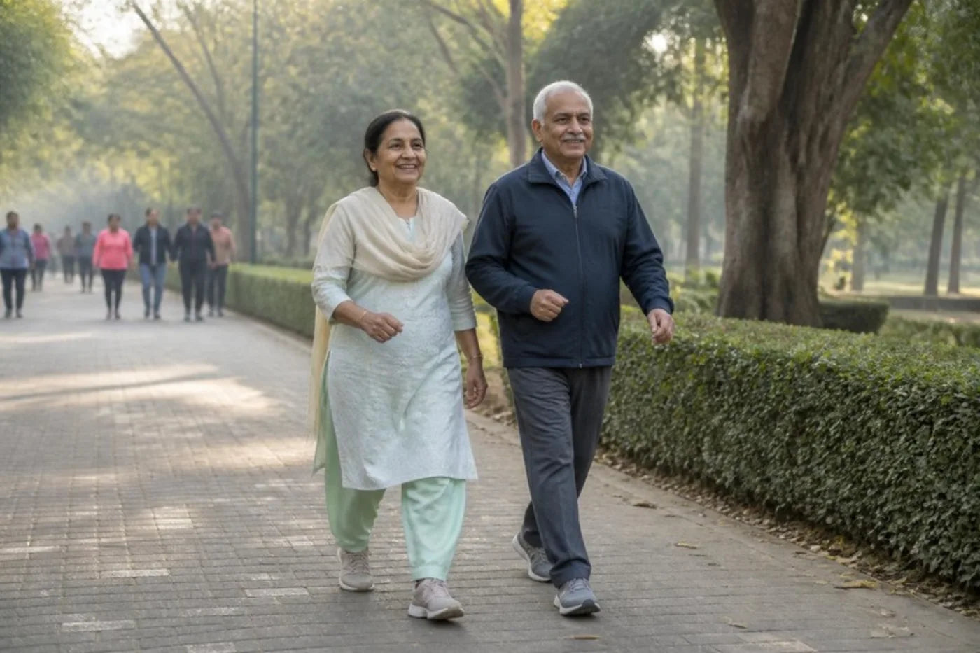 An older Indian couple walking briskly side by side on a park path in the early morning