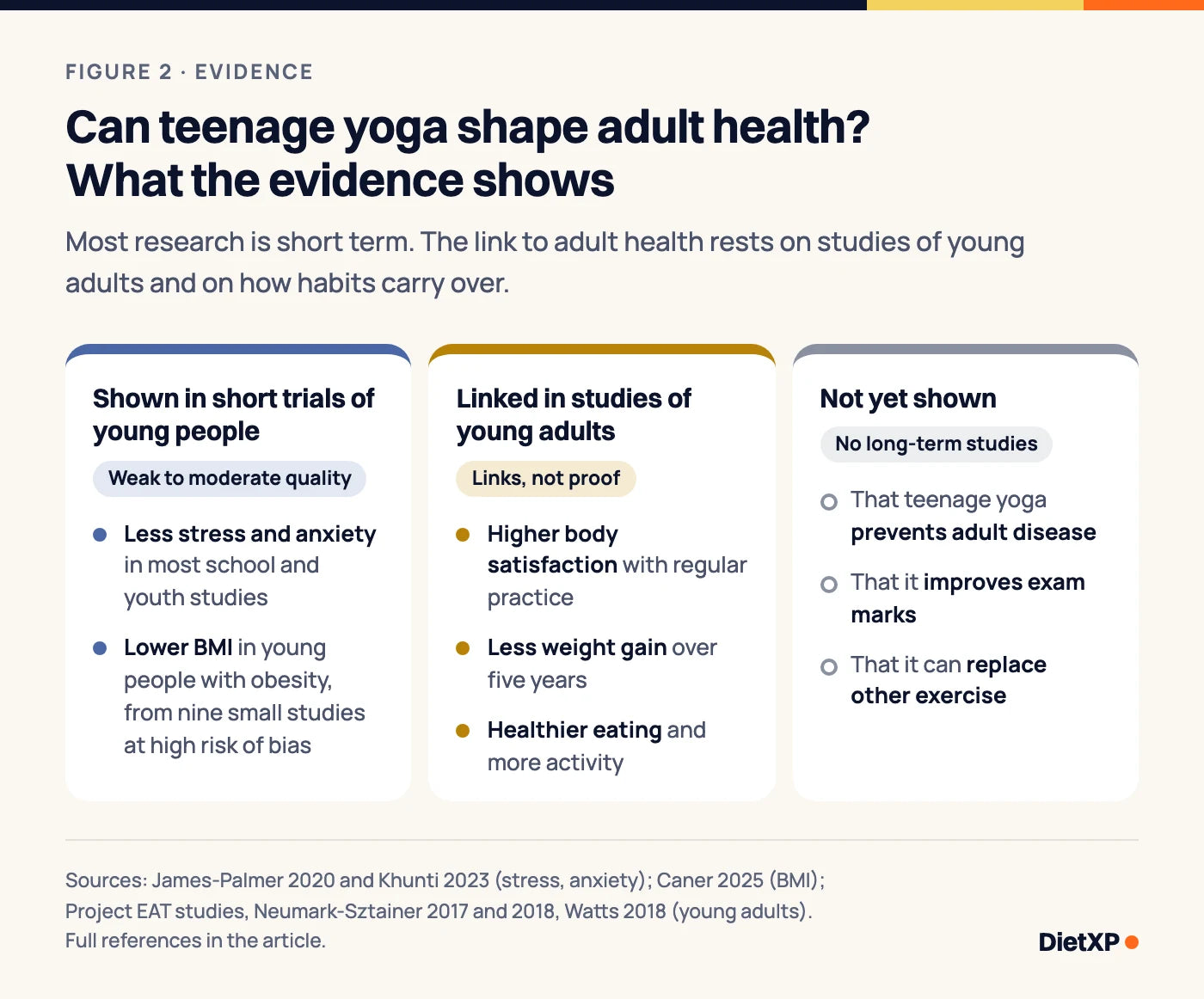 Evidence map in three columns. Shown in short trials of young people: less stress and anxiety in many studies, and lower BMI in young people with obesity, from small studies at high risk of bias. Linked in studies of young adults: higher body satisfaction, less weight gain over five years, healthier eating and more activity. Not yet shown: that teenage yoga prevents adult disease, improves marks, or can replace other exercise.