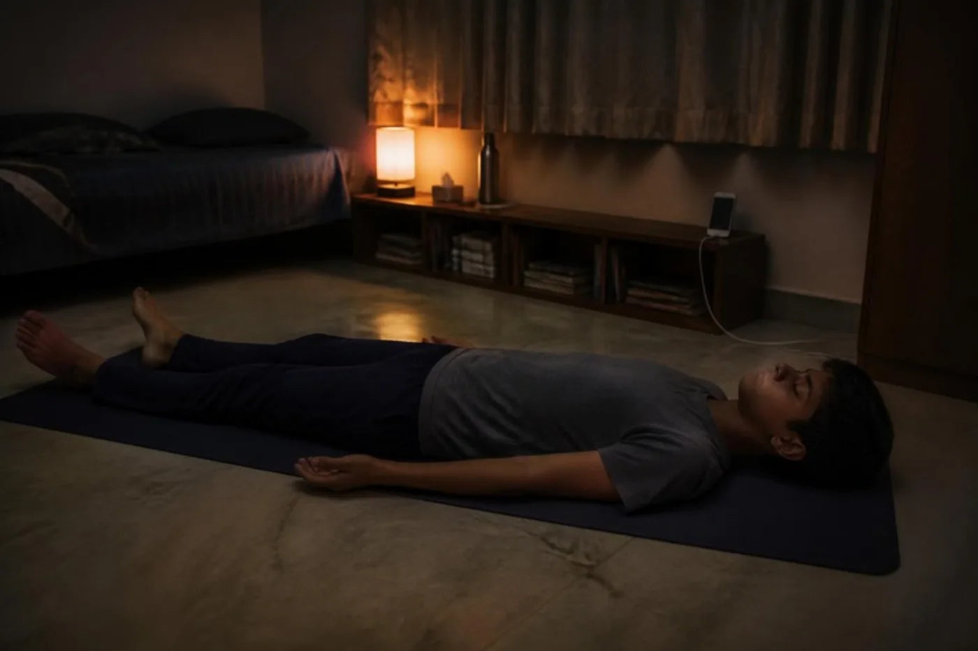 A teenage boy lying on a yoga mat in his bedroom at night with his eyes closed, his phone charging on a shelf away from him
