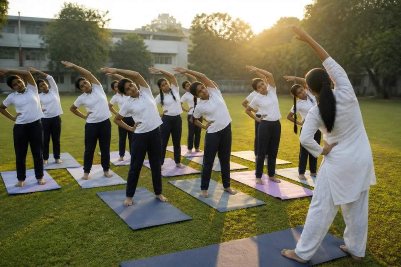Teenage students in school sports uniforms doing a standing side stretch on mats on a school field, led by a teacher