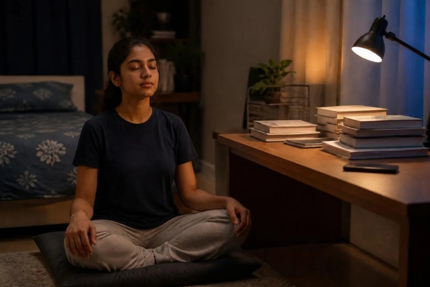 A teenage girl sitting cross-legged on a cushion beside her study desk, eyes closed, breathing slowly