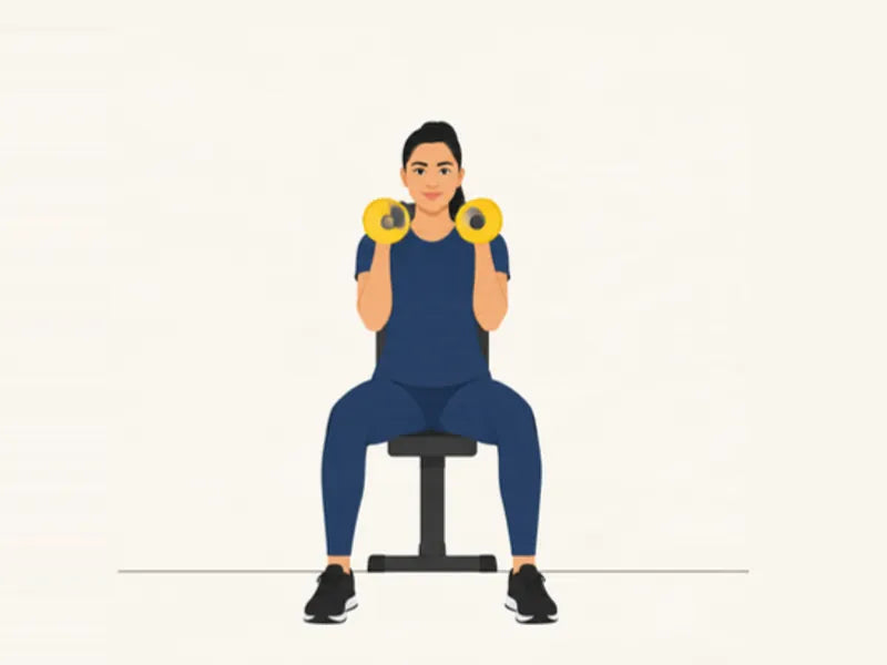 Arnold press: start, dumbbells in front, palms facing in