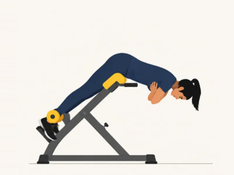 45° back extension: start, folded forward at the hips