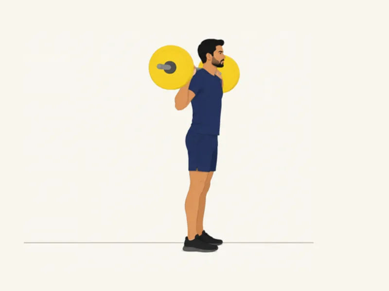 Barbell back squat: start, standing with the bar on the upper back