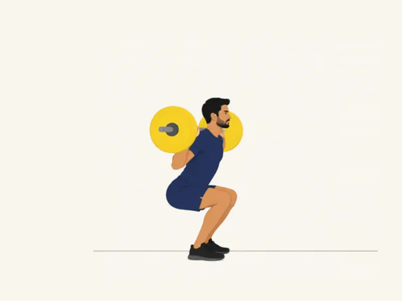 Barbell back squat: finish, at the bottom of the squat