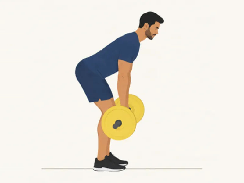 Barbell bent-over row: start, bent forward, bar hanging