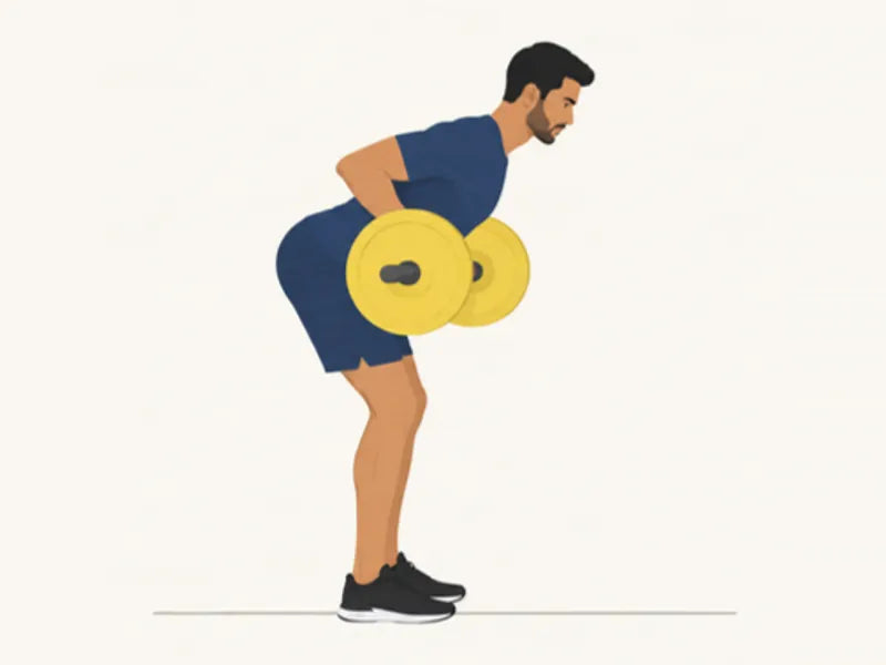 Barbell bent-over row: finish, bar pulled to the lower ribs