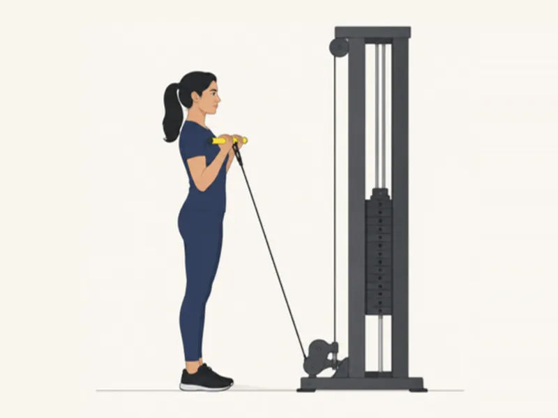 Cable curl: finish, bar curled to the chest