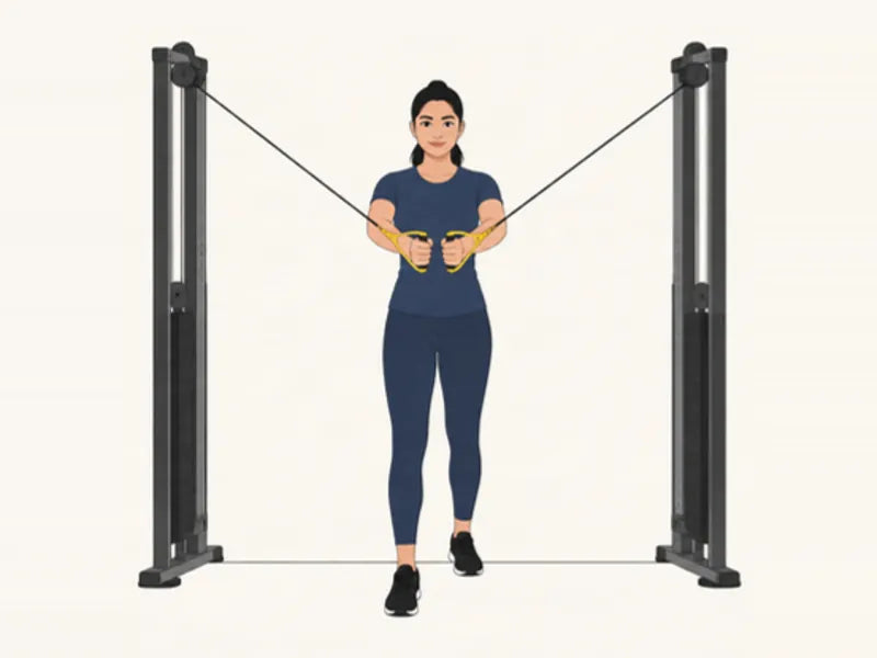 Cable fly: finish, hands together in front of the chest