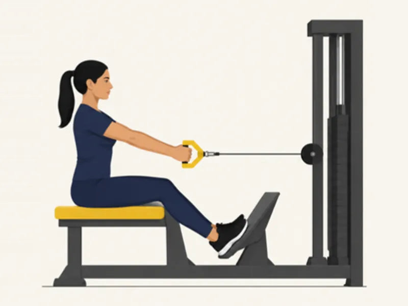 Seated cable row: start, arms straight on the handle
