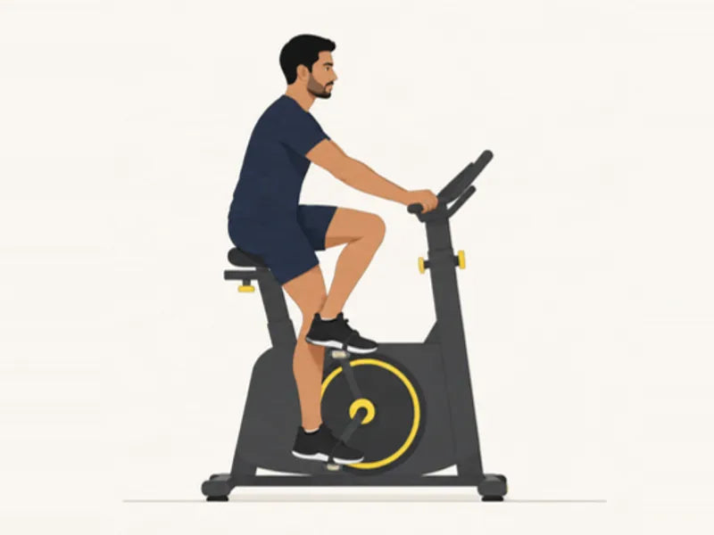 Exercise bike: finish, pedalling, left pedal up