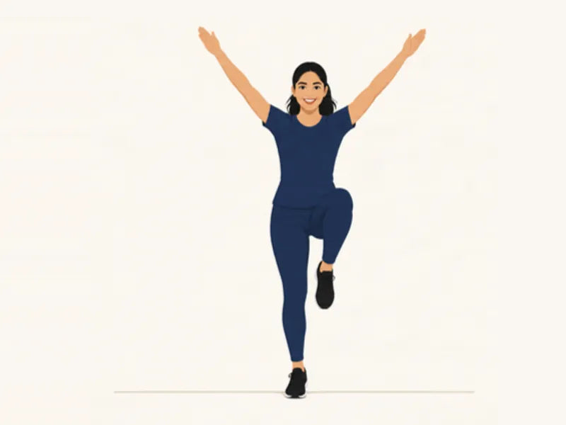 Dance aerobics (Zumba style): start, knee lifted, arms up