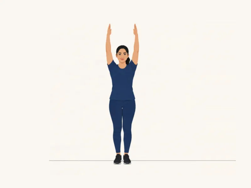 Low-impact aerobics: finish, feet together, arms overhead