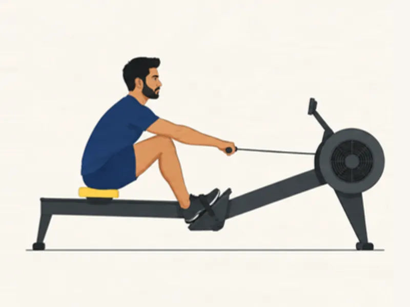 Rowing machine: start, at the catch, knees bent