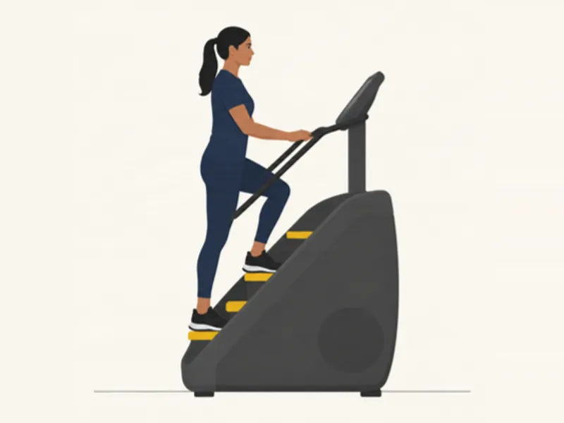 Stair climber: finish, right foot stepping up