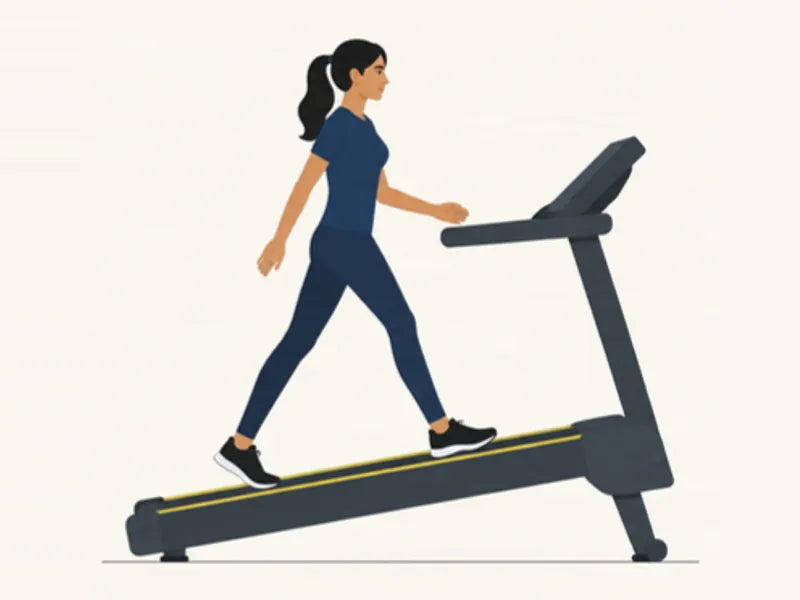 Incline treadmill walk: start, walking, left leg forward