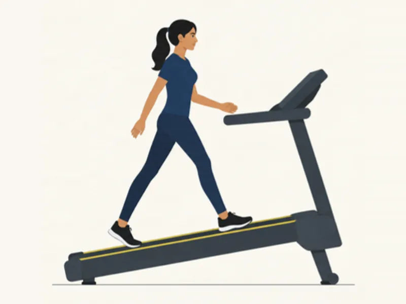 Incline treadmill walk: finish, walking, right leg forward